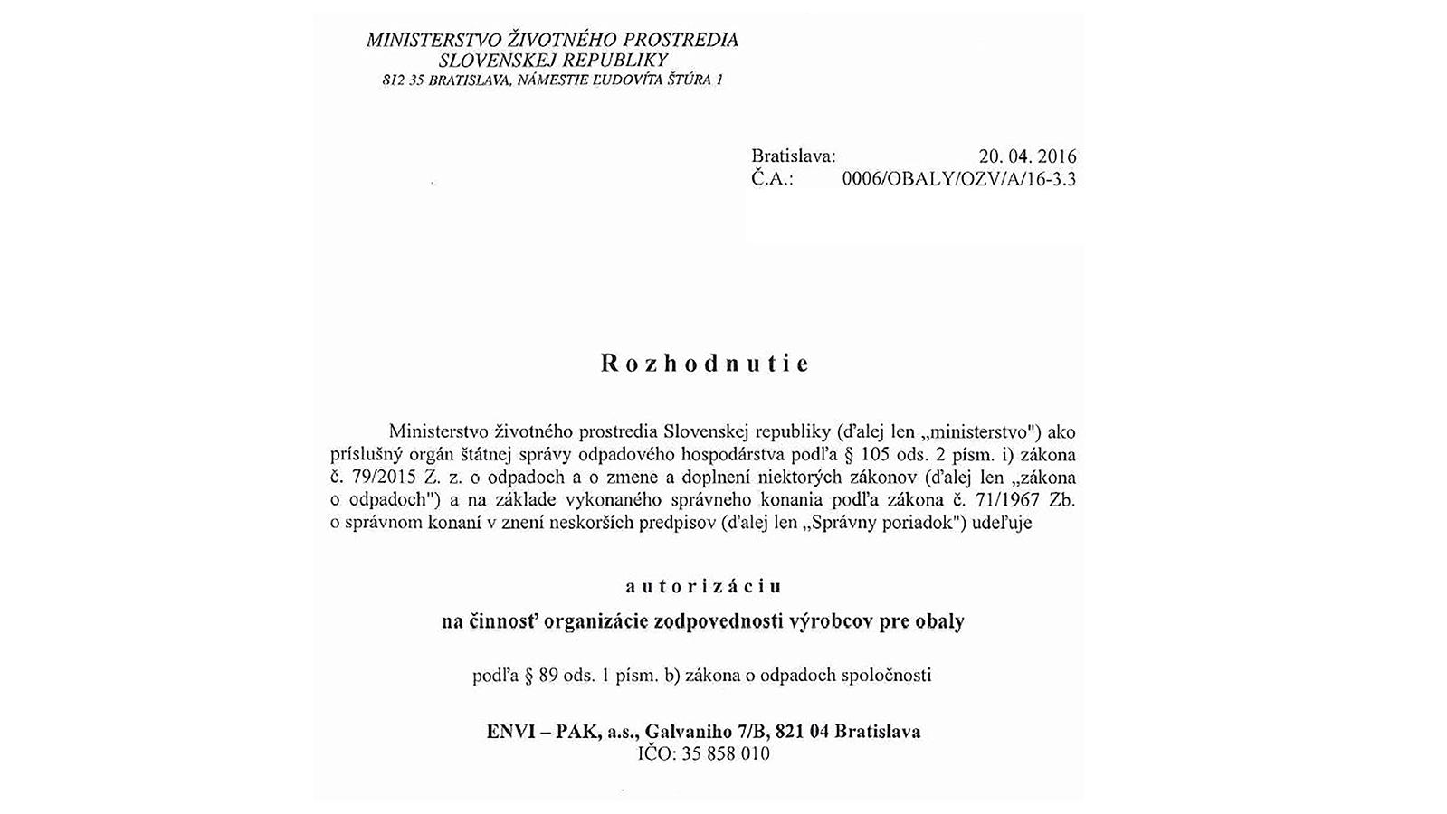 ENVI – PAK sa stal organizáciou zodpovednosti výrobcov (OZV)