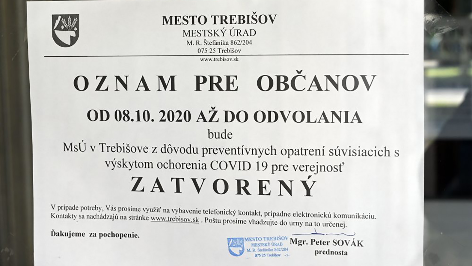 Mestský úrad pre verejnosť zatvorili, dôvodom je koronavírus