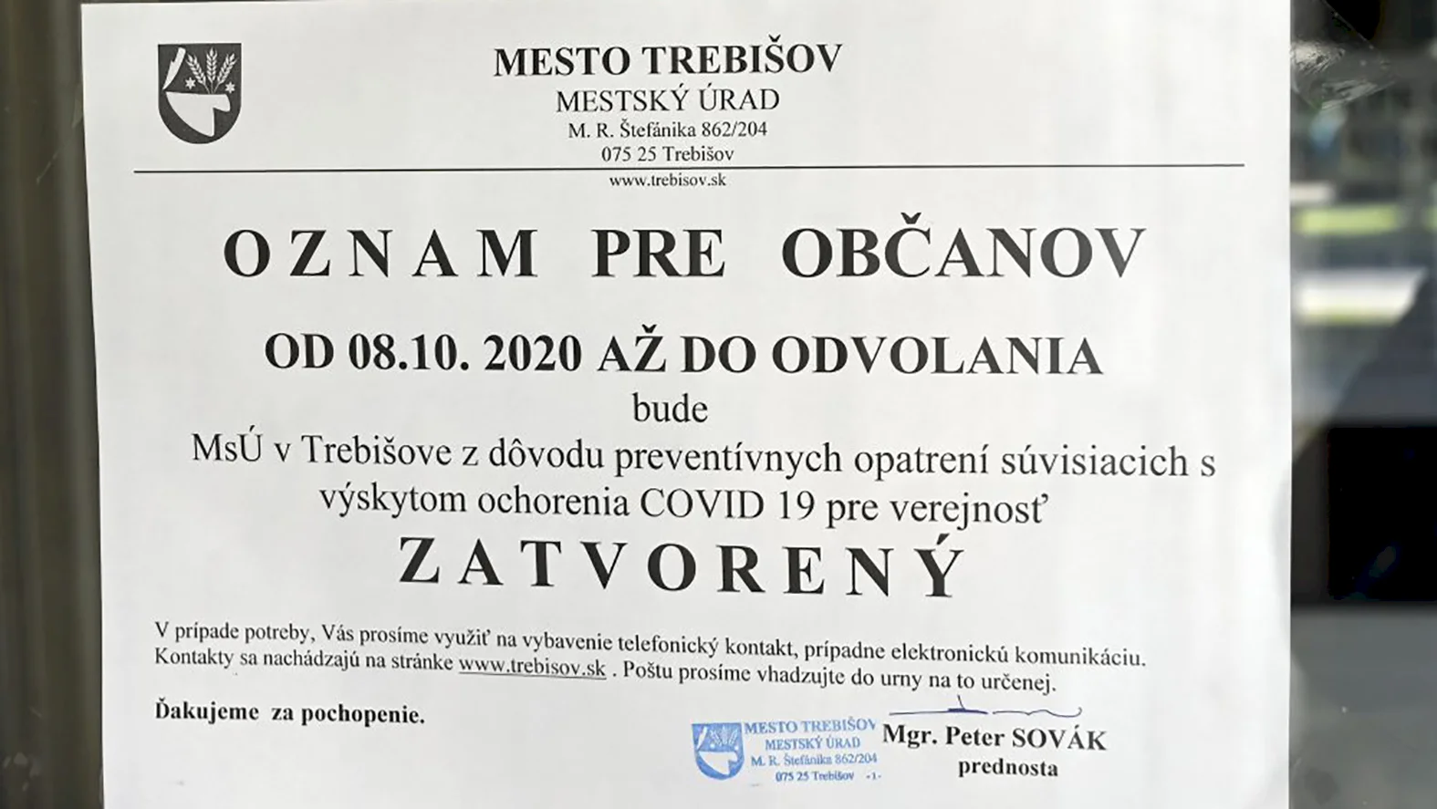 Mestský úrad pre verejnosť zatvorili, dôvodom je koronavírus
