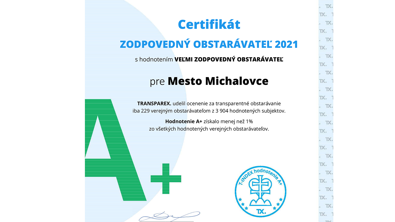 Mesto Michalovce dostalo ocenenie ako najlepší verejný obstarávateľ